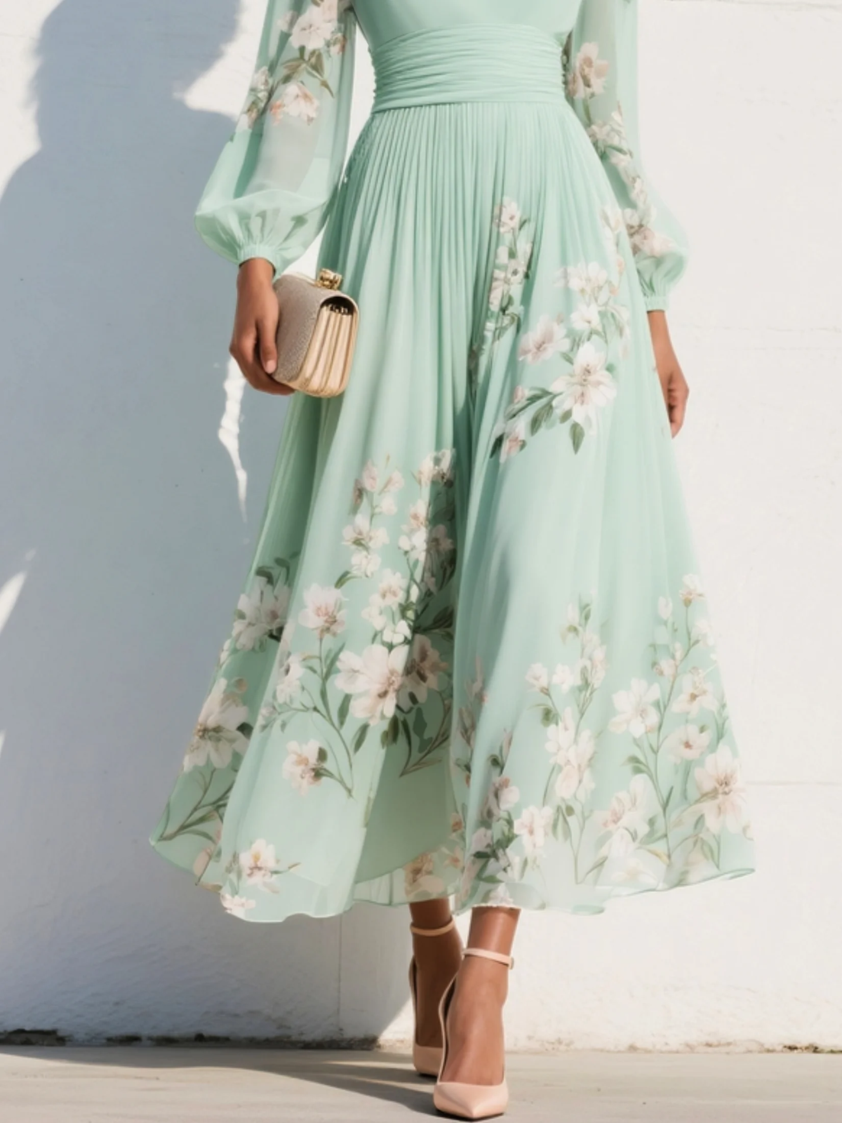 Vestido midi de manga larga con escote en V y silueta A-line
