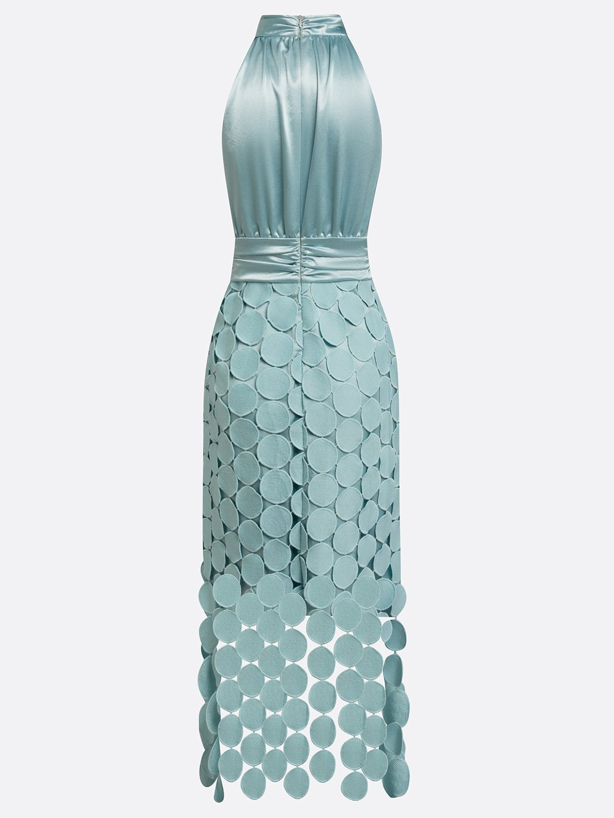 Vestido midi halter con cuerpo satinado y falda de apliques redondos