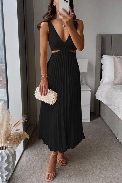 Vestido largo plisado con escote en V y cintura alta