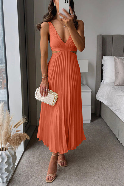 Vestido largo plisado con escote en V y cintura alta
