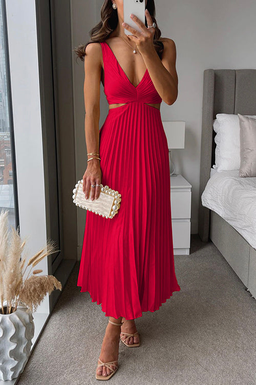 Vestido largo plisado con escote en V y cintura alta