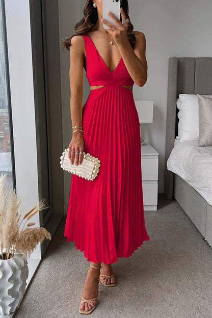 Vestido largo plisado con escote en V y cintura alta