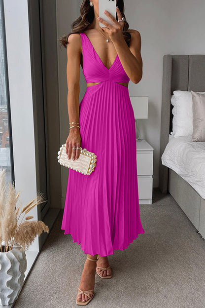 Vestido largo plisado con escote en V y cintura alta