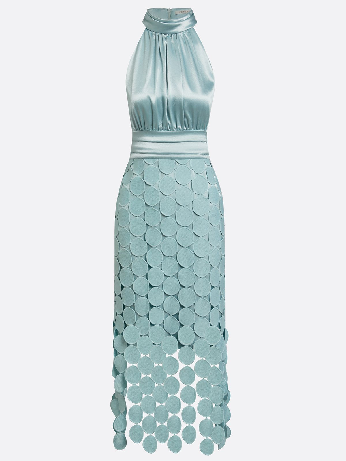 Vestido midi halter con cuerpo satinado y falda de apliques redondos