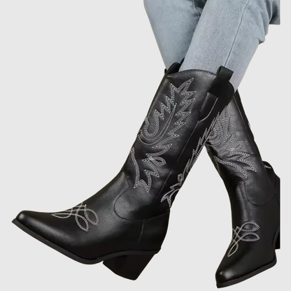 Botas western de media pantorrilla con bordado y tacón bloque