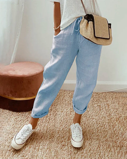 Pantalón de lino y algodón de corte relajado con cintura elástica