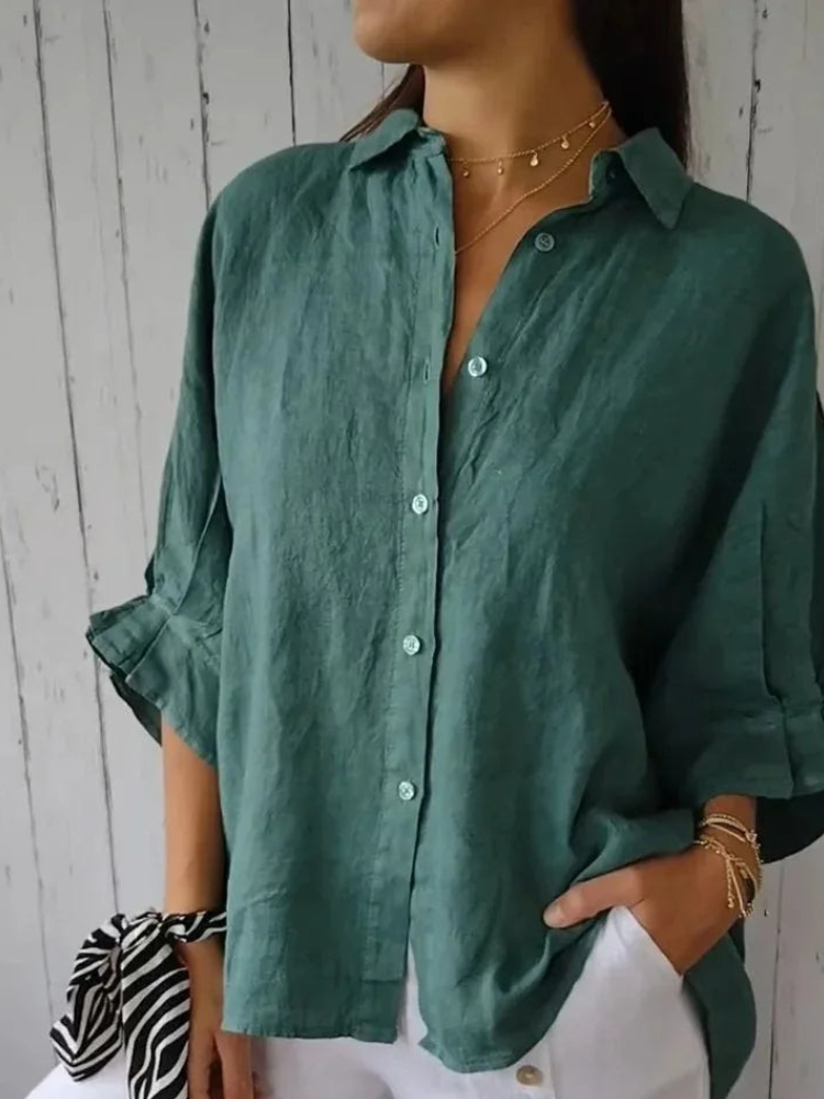 Blusa de lino y algodón con cuello camisa y manga larga
