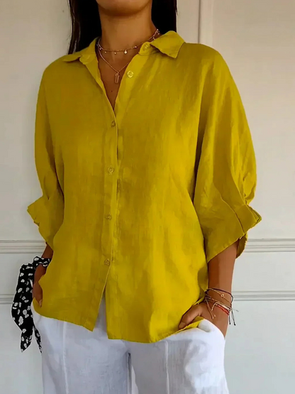 Blusa de lino y algodón con cuello camisa y manga larga