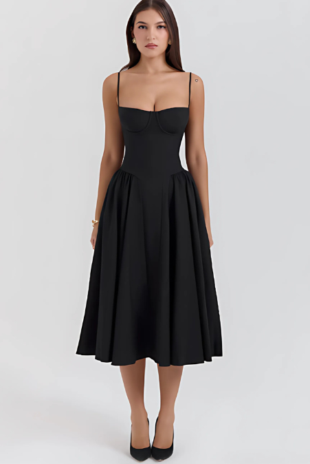 Vestido midi con cuerpo corsé y falda acampanada