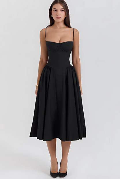 Vestido midi con cuerpo corsé y falda acampanada