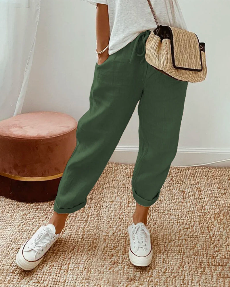 Pantalón de lino y algodón de corte relajado con cintura elástica