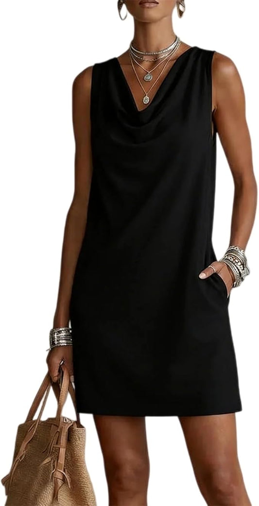 Vestido Mini sin Mangas con Cuello Drapeado y Bolsillos
