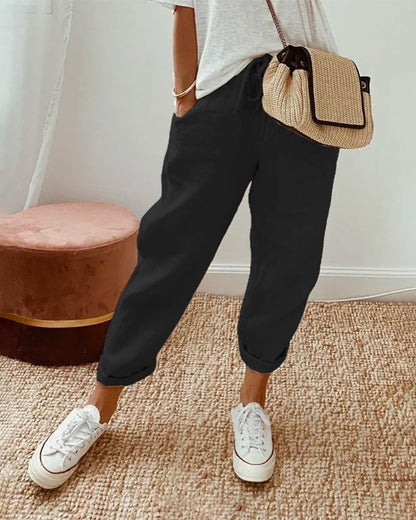 Pantalón de lino y algodón de corte relajado con cintura elástica