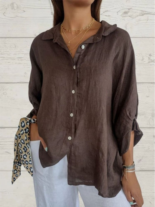 Blusa de lino y algodón con cuello camisa y manga larga