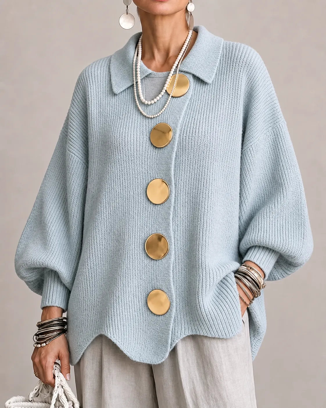 Amelia | Cárdigan de Punto Oversize con Botones Dorados