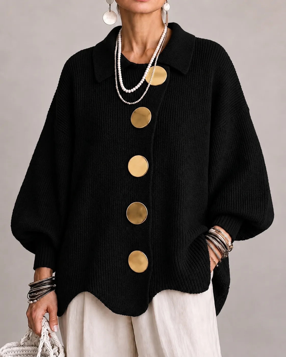 Amelia | Cárdigan de Punto Oversize con Botones Dorados