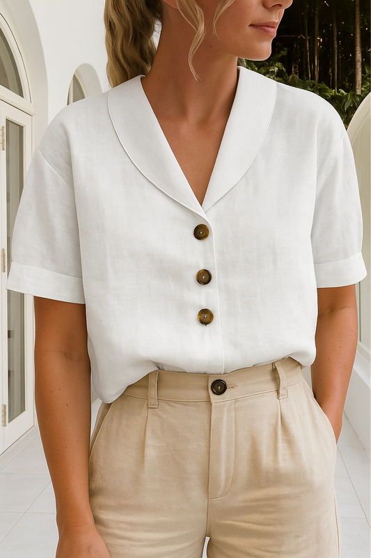 Blusa de manga corta con botones y cuello en V