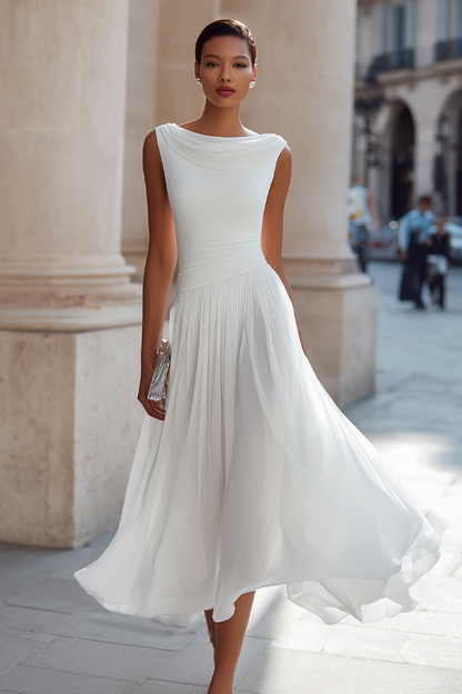 Vestido midi sin mangas con escote drapeado y falda plisada fluida