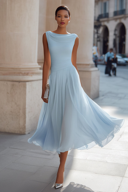 Vestido midi sin mangas con escote drapeado y falda plisada fluida