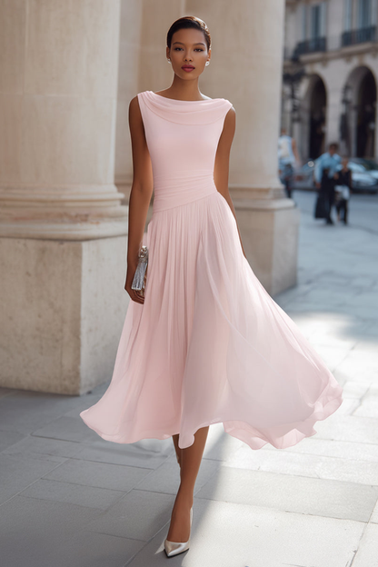 Vestido midi sin mangas con escote drapeado y falda plisada fluida