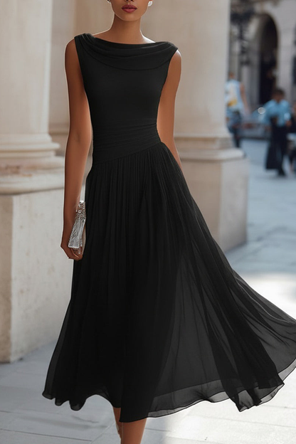 Vestido midi sin mangas con escote drapeado y falda plisada fluida
