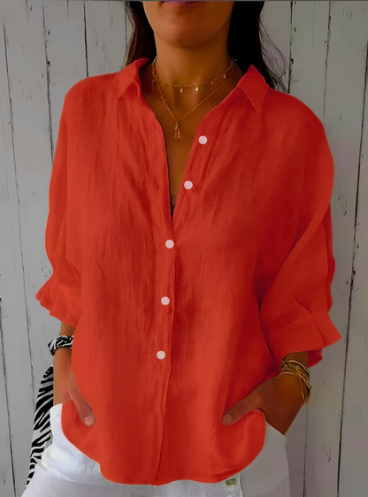 Blusa de lino y algodón con cuello camisa y manga larga