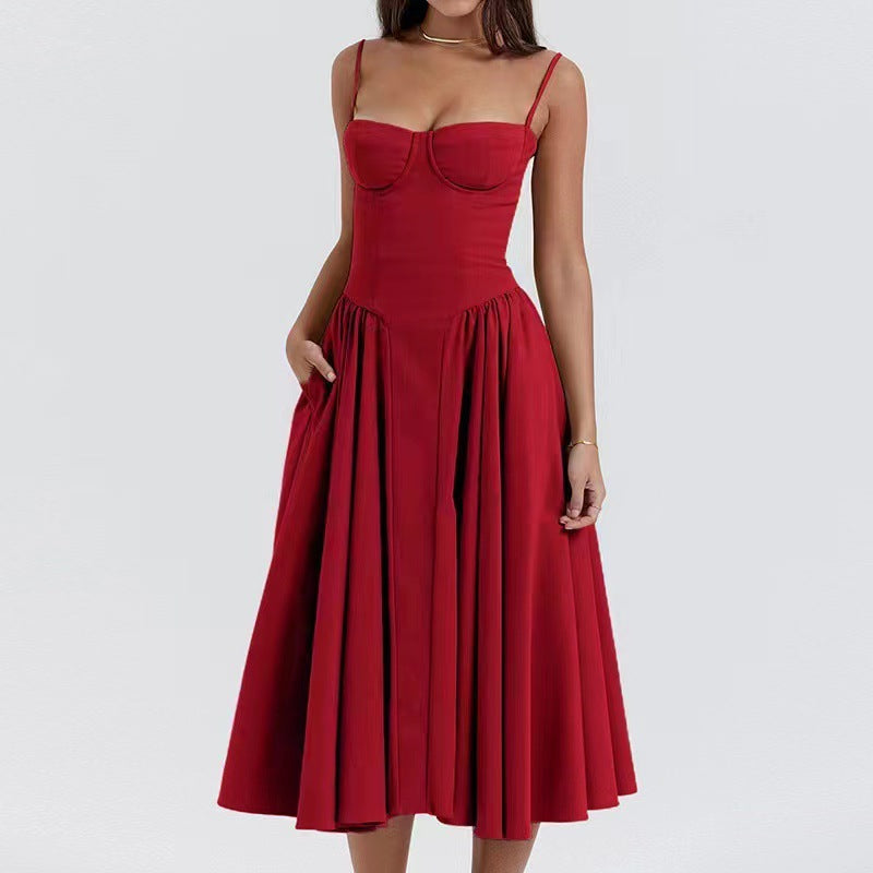 Vestido midi con cuerpo corsé y falda acampanada