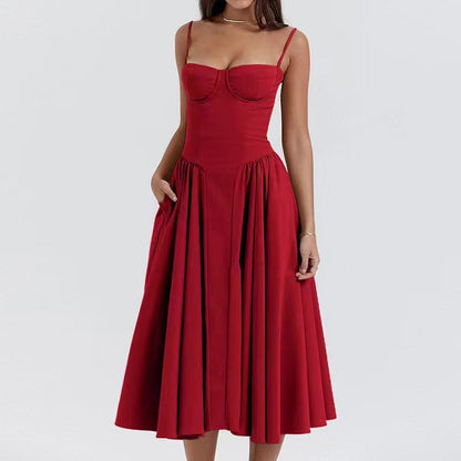 Vestido midi con cuerpo corsé y falda acampanada