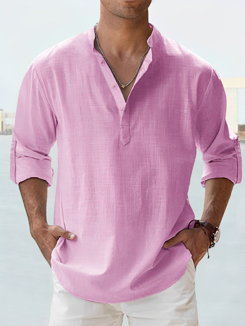 Camisa de lino y algodón con cuello alzado