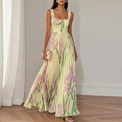 Vestido largo floral con cuello cuadrado y cintura alta