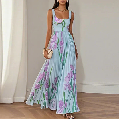 Vestido largo floral con cuello cuadrado y cintura alta