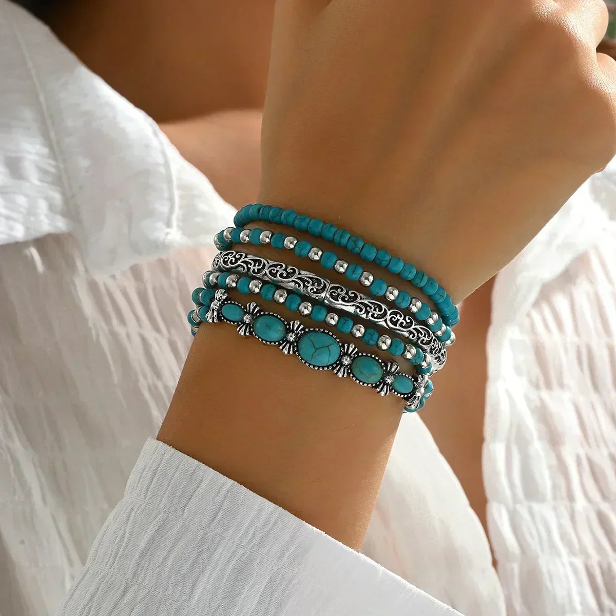 Set de 5 Pulseras Bohemias con Turquesa