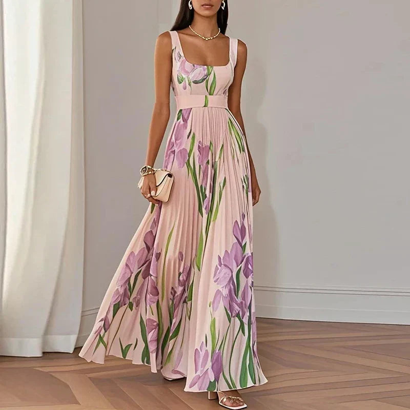 Vestido largo floral con cuello cuadrado y cintura alta