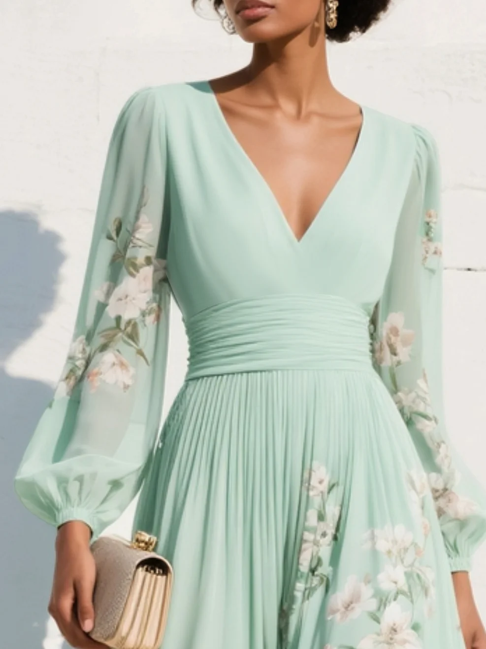 Vestido midi de manga larga con escote en V y silueta A-line