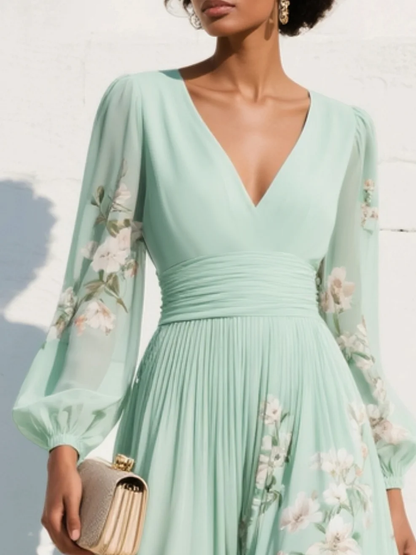 Vestido midi de manga larga con escote en V y silueta A-line