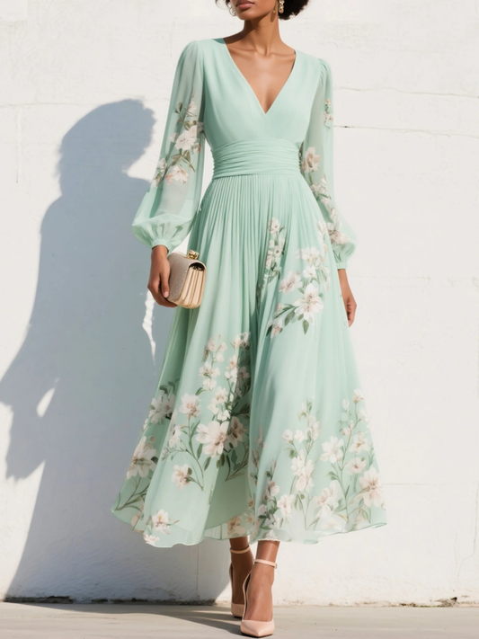 Vestido midi de manga larga con escote en V y silueta A-line