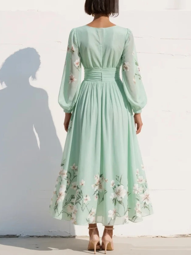 Vestido midi de manga larga con escote en V y silueta A-line