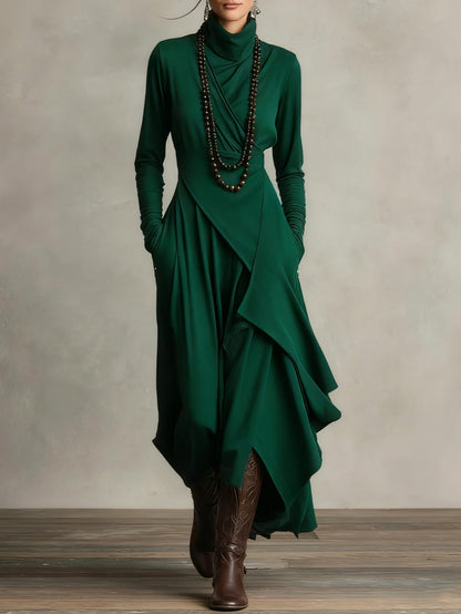 Vestido Maxi de Cuello Alto y Manga Larga