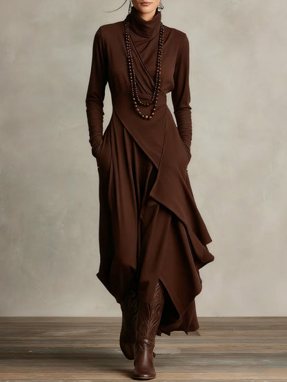 Vestido Maxi de Cuello Alto y Manga Larga