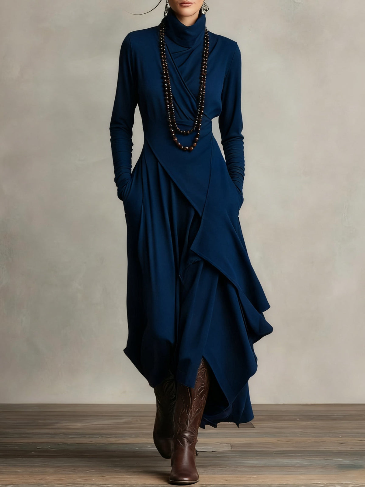 Vestido Maxi de Cuello Alto y Manga Larga