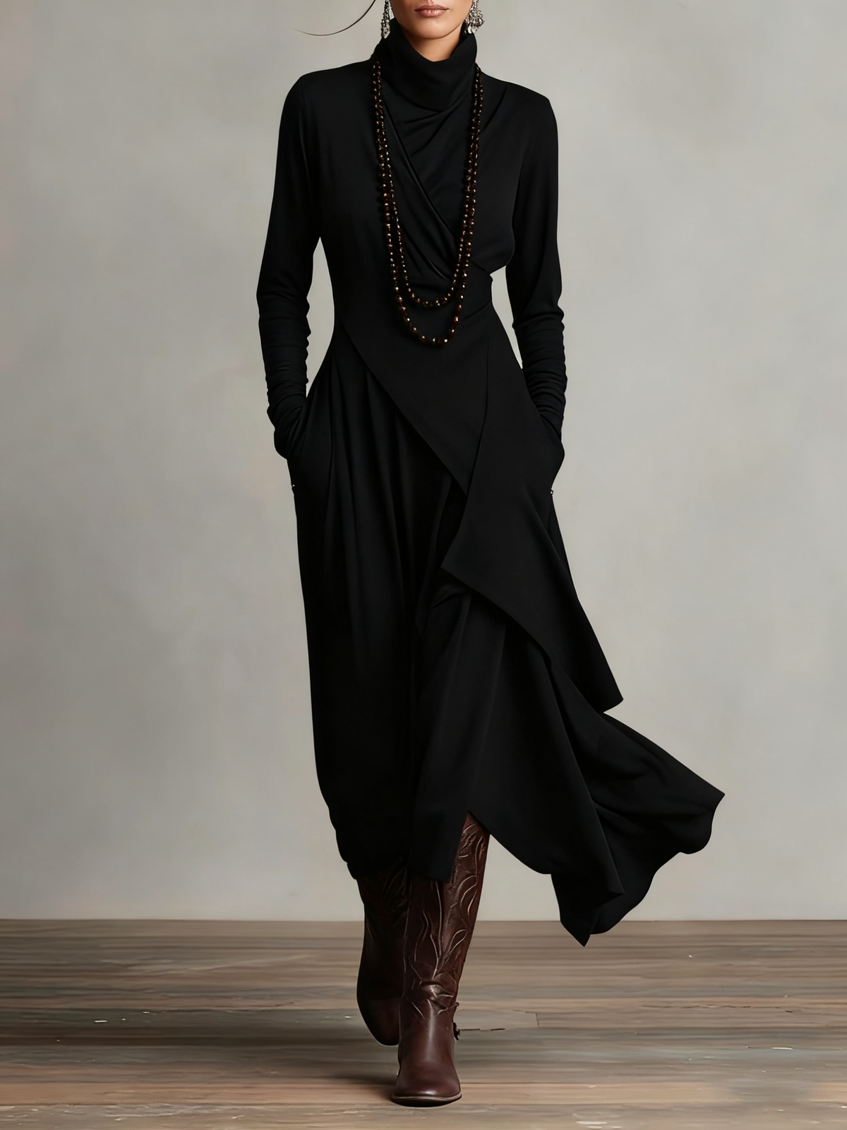 Vestido Maxi de Cuello Alto y Manga Larga