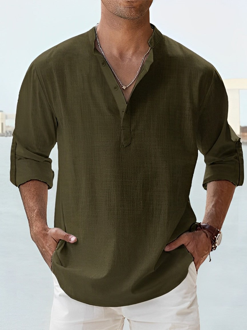 Camisa de lino y algodón con cuello alzado