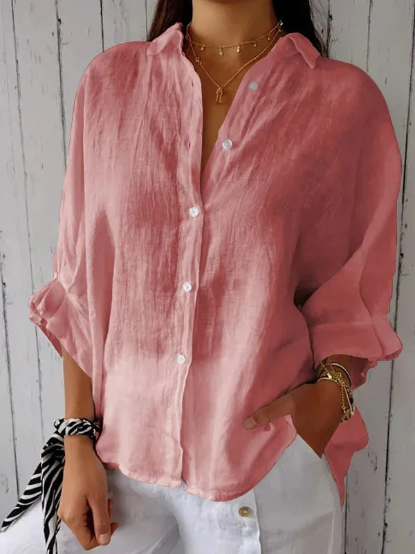 Blusa de lino y algodón con cuello camisa y manga larga