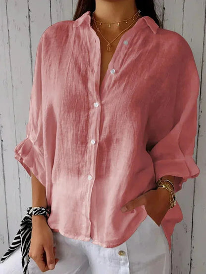 Blusa de lino y algodón con cuello camisa y manga larga