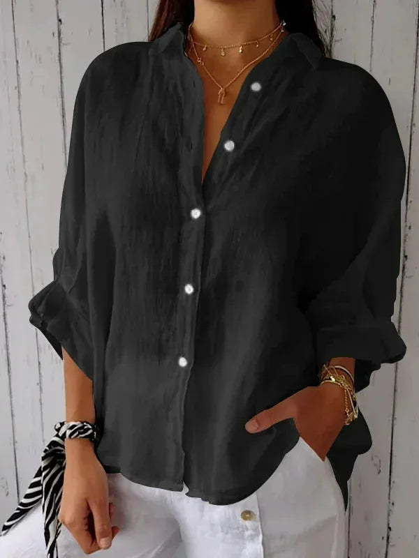 Blusa de lino y algodón con cuello camisa y manga larga