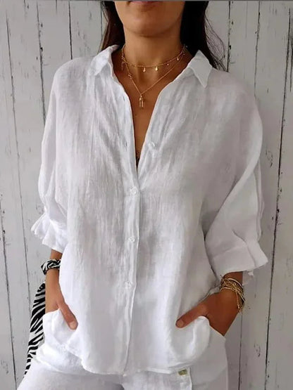 Blusa de lino y algodón con cuello camisa y manga larga