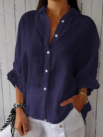 Blusa de lino y algodón con cuello camisa y manga larga