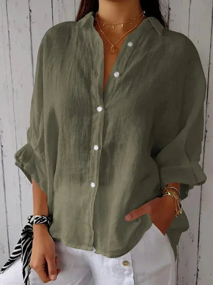 Blusa de lino y algodón con cuello camisa y manga larga