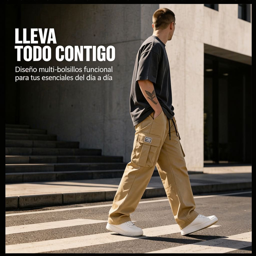 Pantalón Cargo de Corte Amplio con Multi-Bolsillos