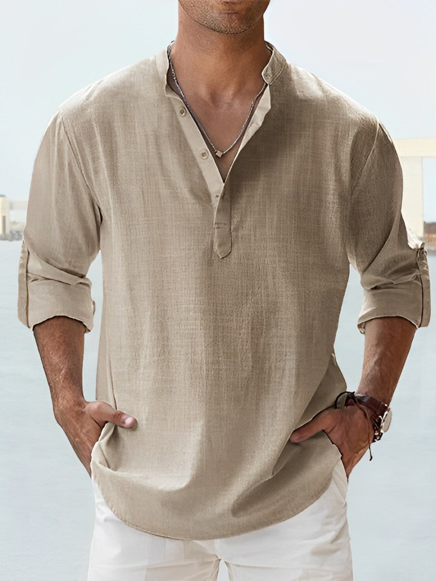 Camisa de lino y algodón con cuello alzado